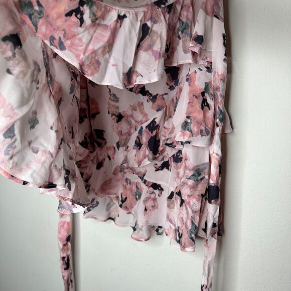 Iro Floral Light Pink Abstract Daring Wrap Flowy Layered Ruffled Mini Skirt 40 - Picture 7 of 16